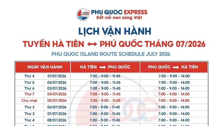 Lịch tàu Hà Tiên - Phú Quốc 7/2026