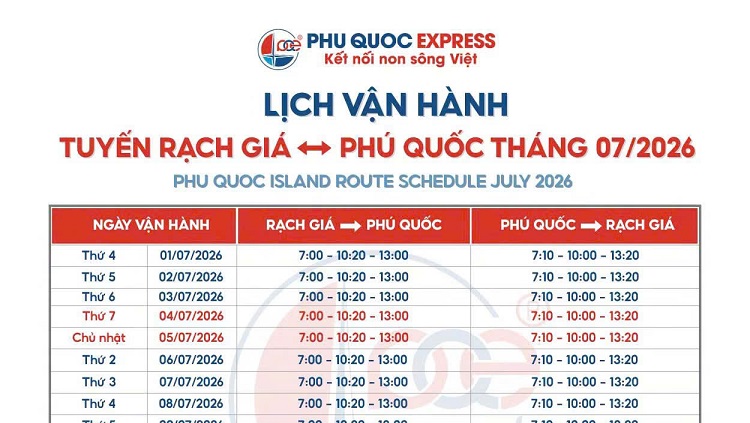 Lịch tàu Rạch Giá - Phú Quốc 7/2026