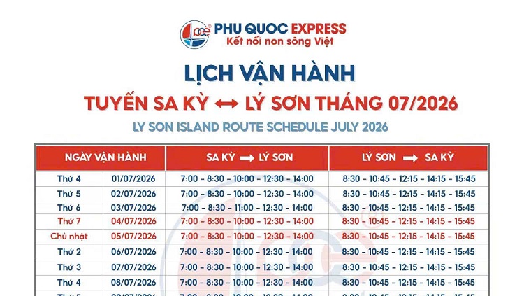 Lịch tàu Phú Quốc Express Sa Kỳ - Lý Sơn 7/2026