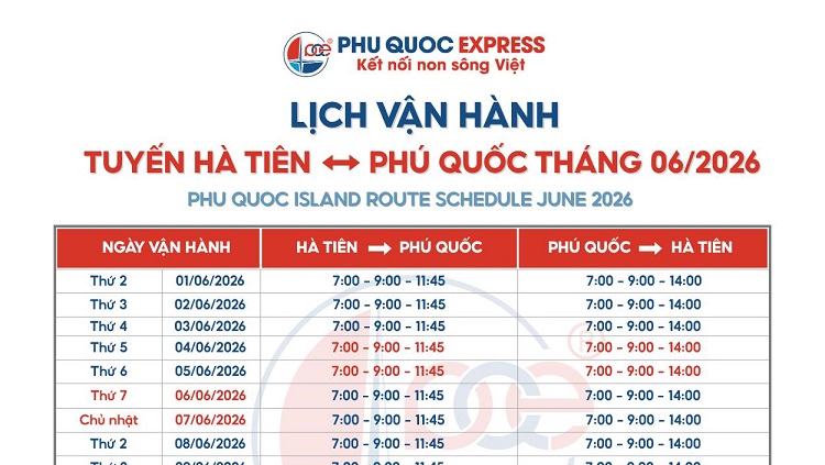 Lịch tàu Hà Tiên - Phú Quốc 6/2026