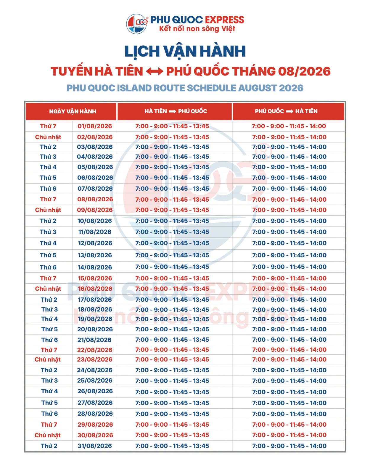 Lịch tàu Hà Tiên - Phú Quốc 8/2026