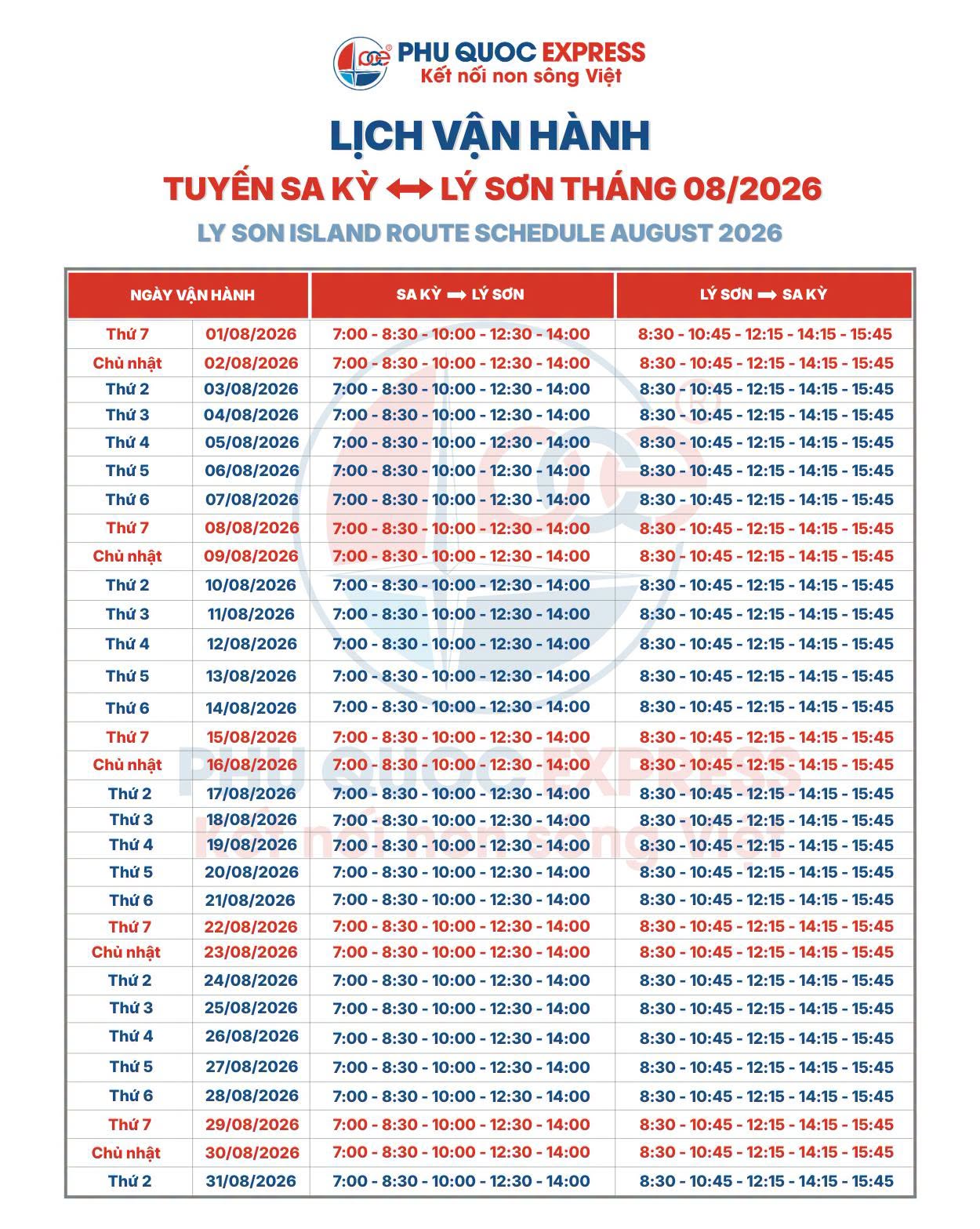 Lịch tàu Sa Kỳ - Lý Sơn 8/2026