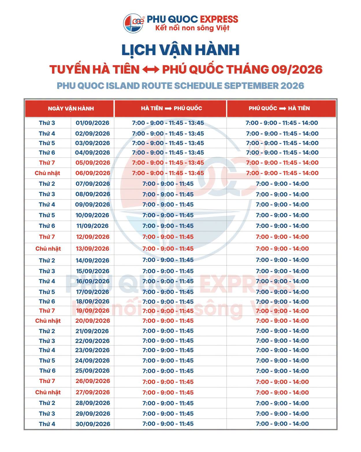 Lịch tàu Hà Tiên - Phú Quốc 9/2026: Lịch chạy tàu 2/9