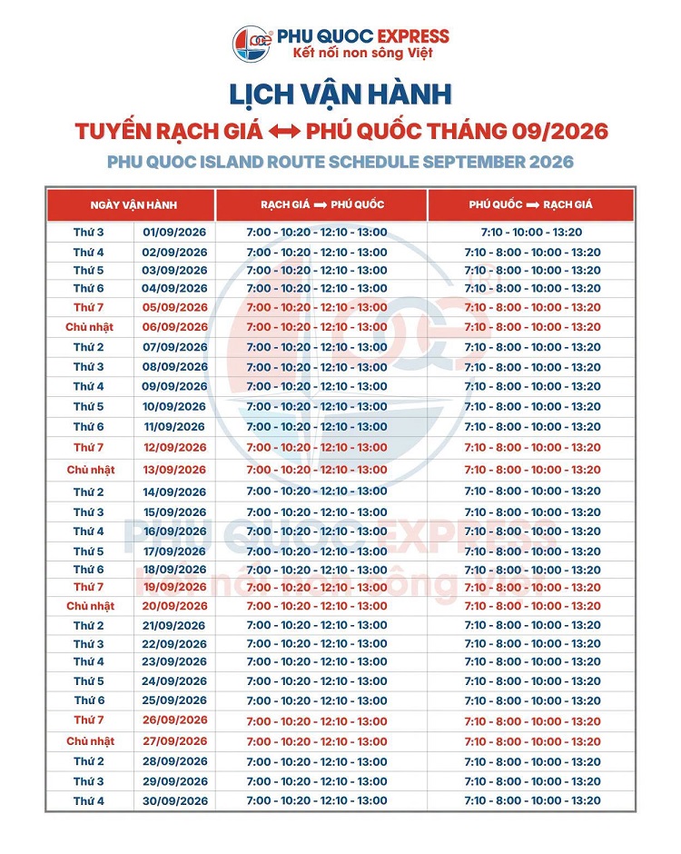 Lịch tàu Rạch Giá - Phú Quốc 9/2026: Lịch tàu 2/9 mới nhất
